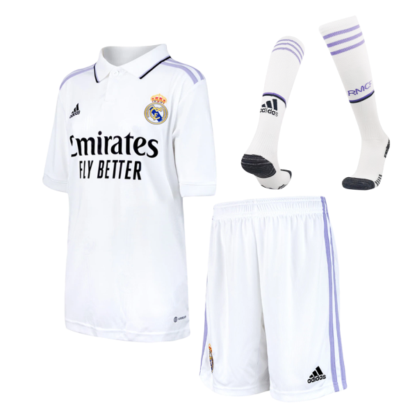 Kids Real Madrid Home Soccer Jersey Whole Kit (Jersey+Shorts+Socks) 2022/23 Adidas