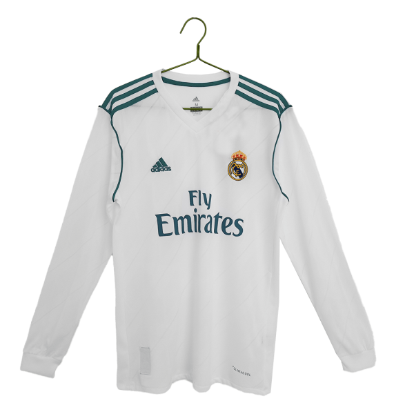 Men's Retro 2017/18 Replica Real Madrid Home Long Sleeves Soccer Jersey Shirt Adidas