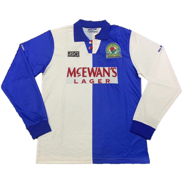 Men's Retro 1994/95 Replica Blackburn Rovers Home Long Sleeves Soccer Jersey Shirt Asics