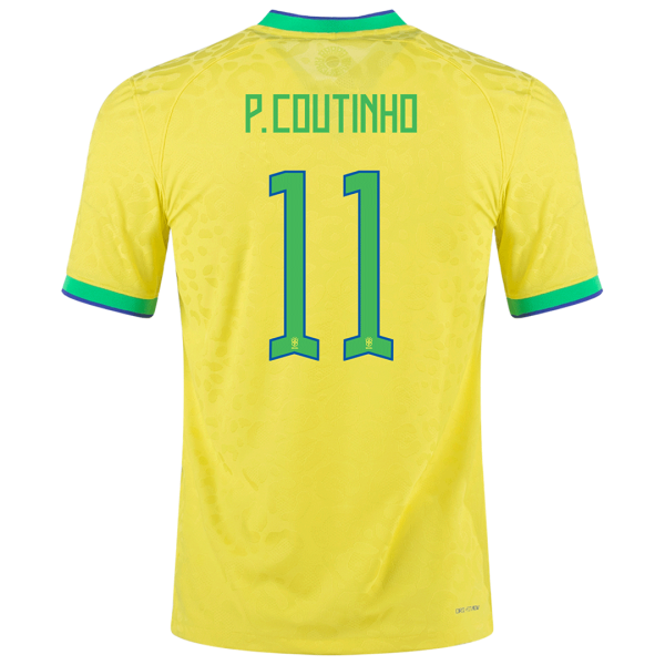 Men's Authentic P.Coutinho #11 Brazil Home Soccer Jersey Shirt 2022 Nike
