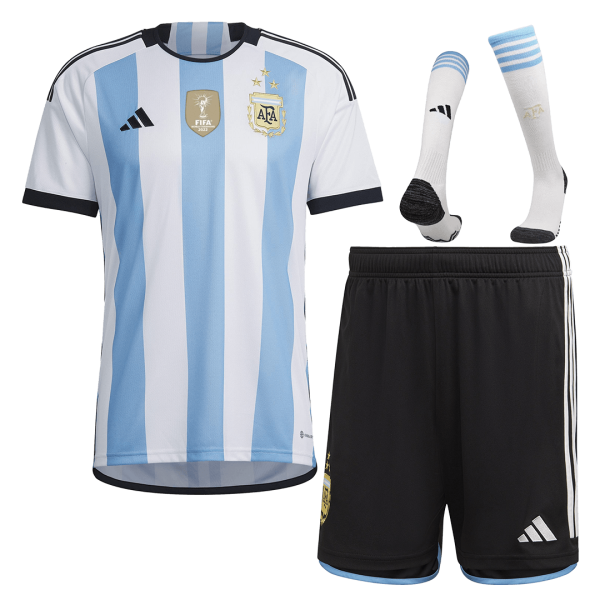 Men's Replica Argentina Three Stars Champion Edition Home Soccer Jersey Whole Kit (Jersey+Shorts+Socks) 2022 Adidas