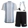 Men's Replica Argentina Three Stars Champion Edition Home Soccer Jersey Whole Kit (Jersey+Shorts+Socks) 2022 Adidas