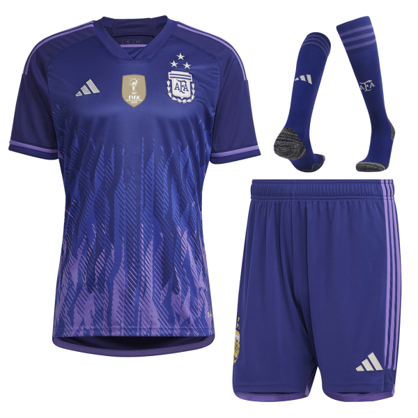 Men's Replica Argentina Three Stars Champion Edition Away Soccer Jersey Whole Kit (Jersey+Shorts+Socks) 2022 Adidas - World Cup 2022