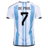 Men's Replica DE PAUL #7 Argentina 3 Stars Home Soccer Jersey Shirt 2022 Adidas