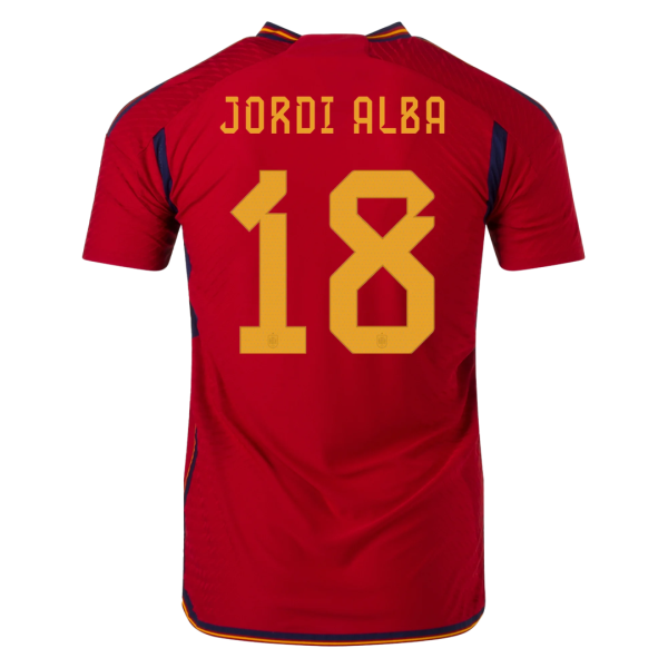 Men's Authentic JORDI ALBA #18 Spain Home Soccer Jersey Shirt 2022 Adidas World Cup 2022